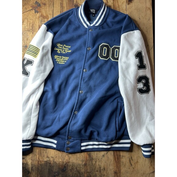 Boohoo Man Blue Fabric Faux Leather Sleeve Varsity Jacket Size Men UK M blue - Picture 1 of 7